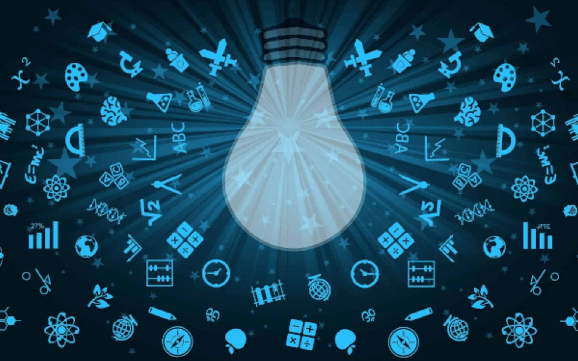 illustrated lightbulb with business concept ideas floating outward